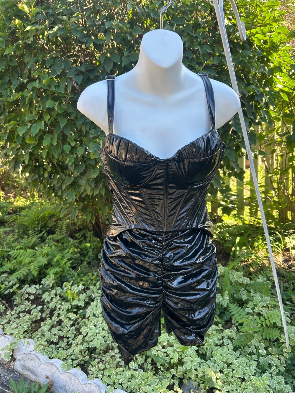 Black Faux Leather Corset Romper with Ruched Shorts